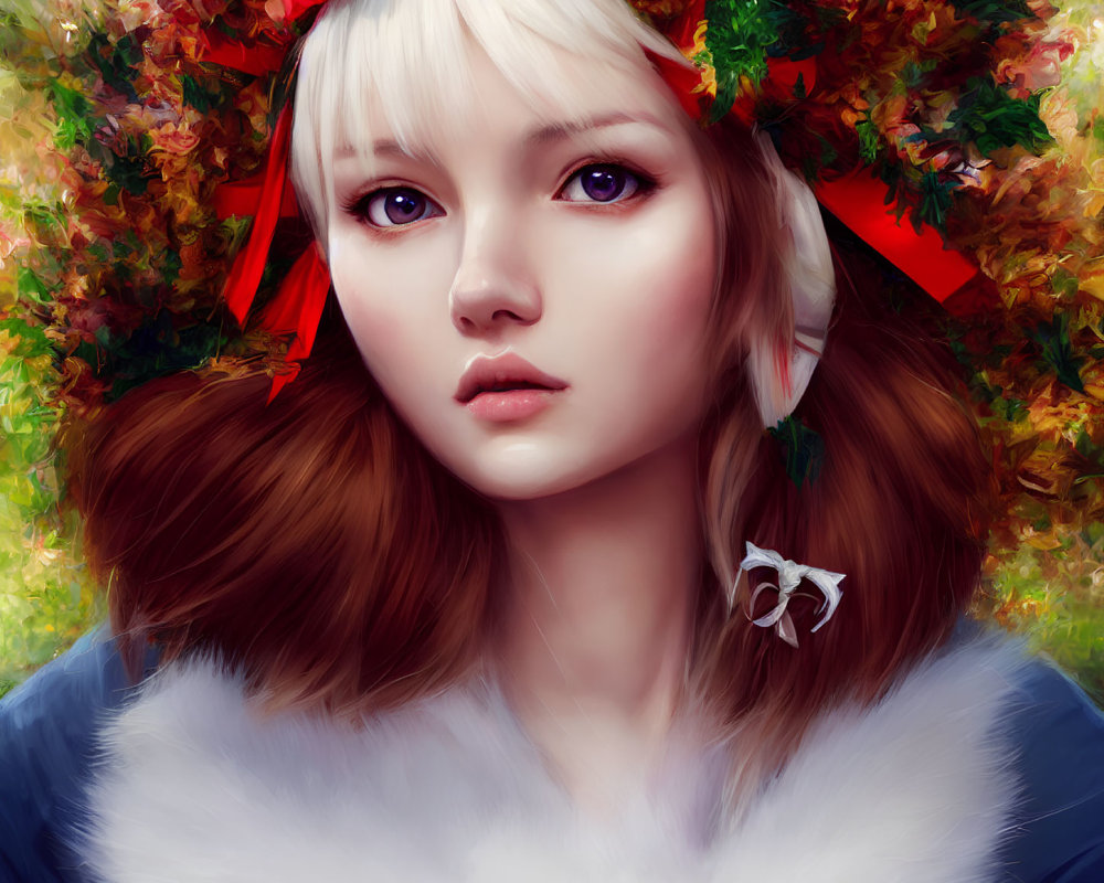Young woman adorned with autumn leaf crown and red ribbons, set against colorful leaves