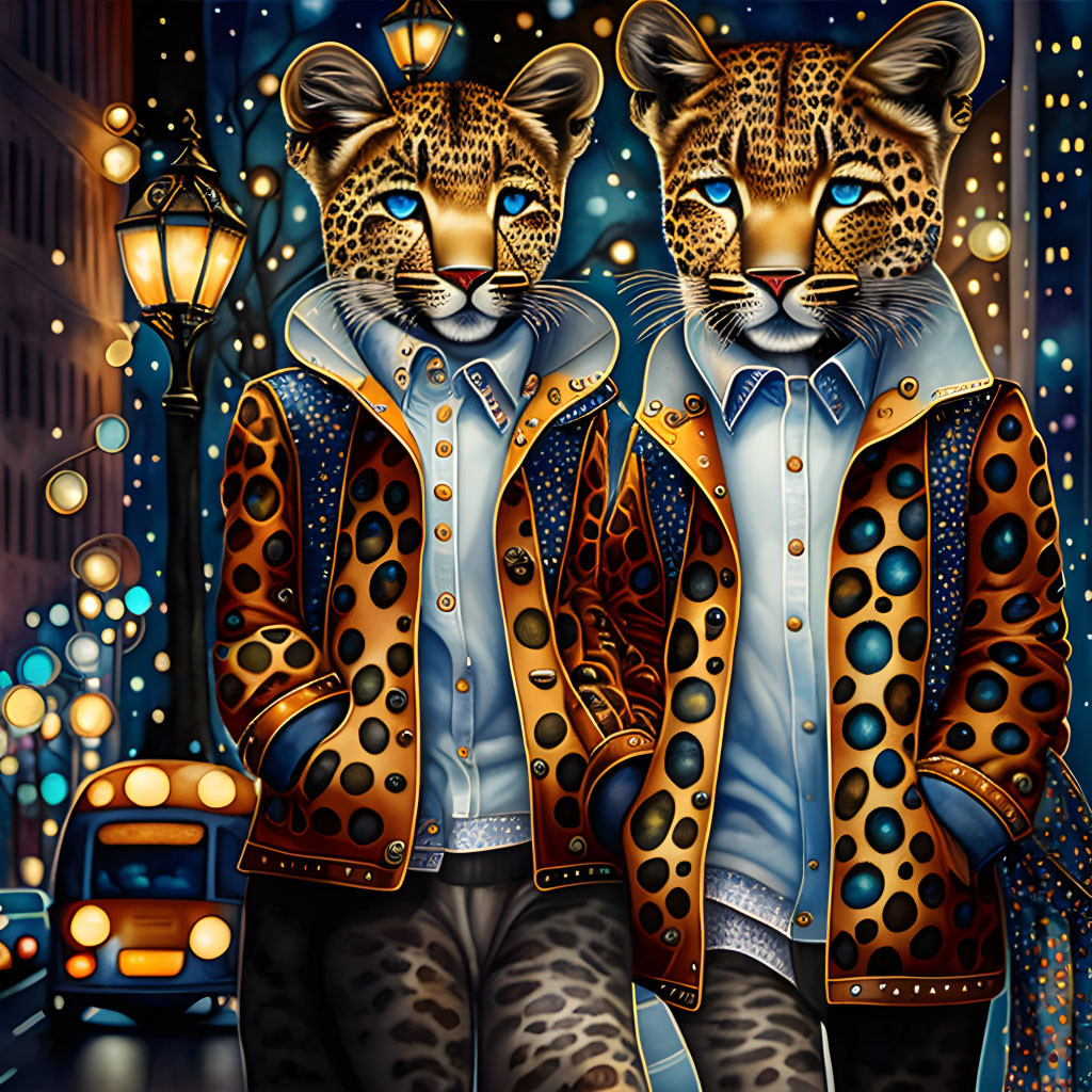 Two leopard boys are on a city  stroll