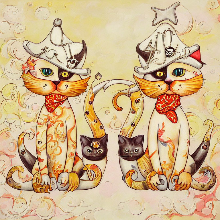 Stylized anthropomorphic cowboy cats with hats and bandanas and small black cats