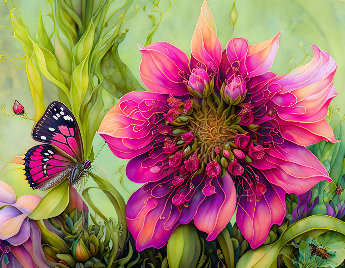 Colorful flower and butterfly illustration on green background