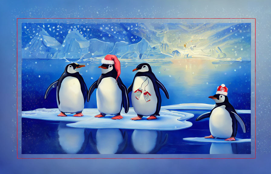 Illustrated penguins in Santa hat and holding candy cane on snowy ice