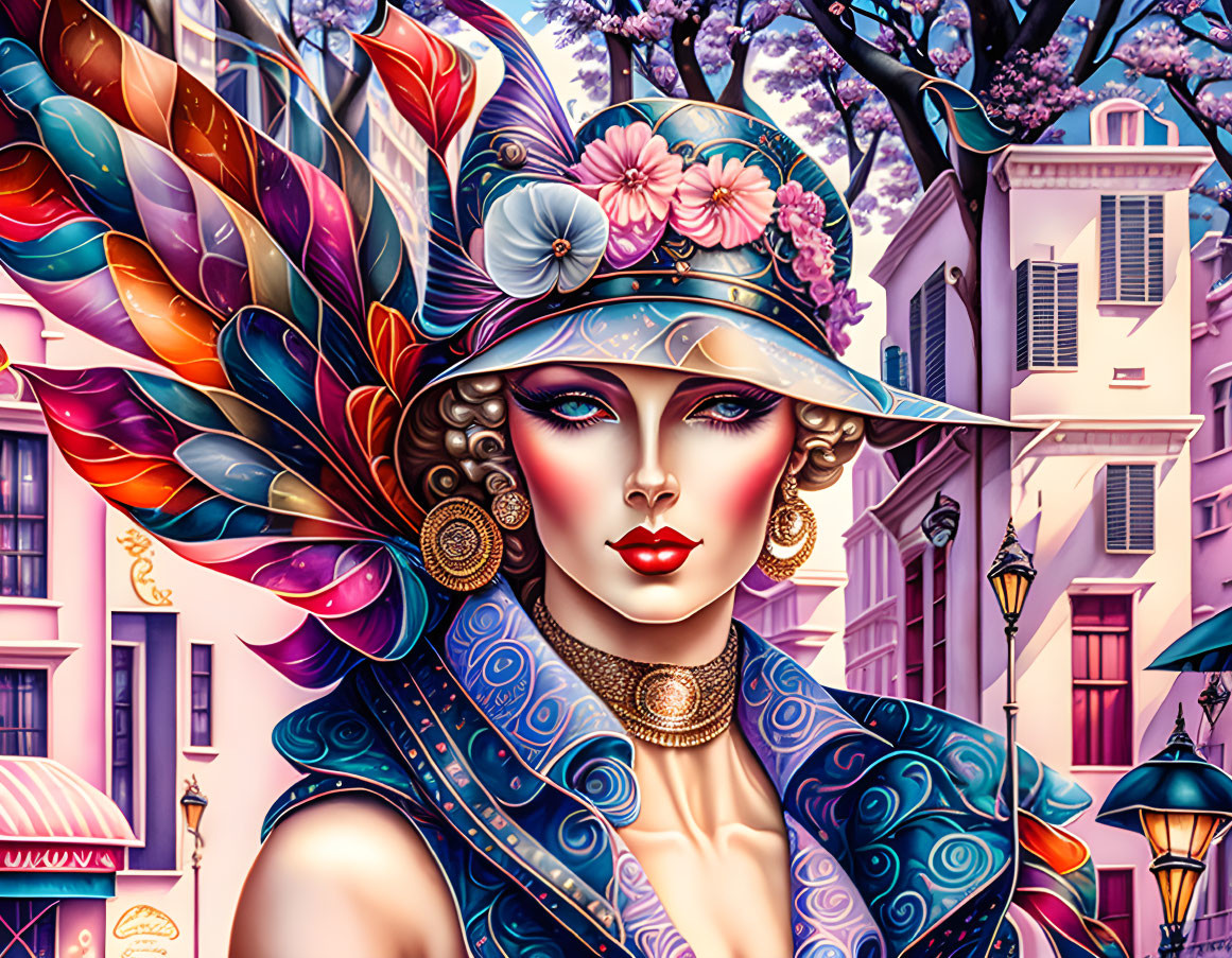 Colorful digital artwork: Woman with feathered hat and vibrant attire in whimsical cityscape