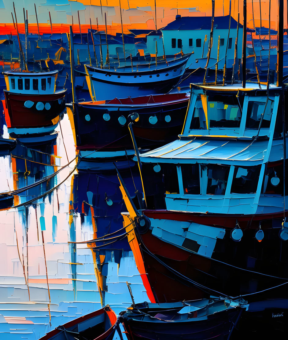 Fishing boats in the harbour at sunset. 