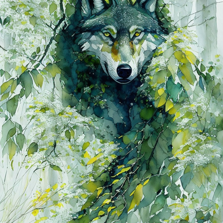 Vivid watercolor painting of a wolf in nature scene
