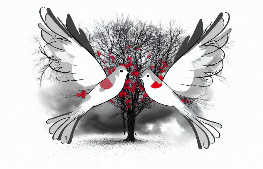 Illustrated doves with red hearts and branches on monochromatic tree with red leaves