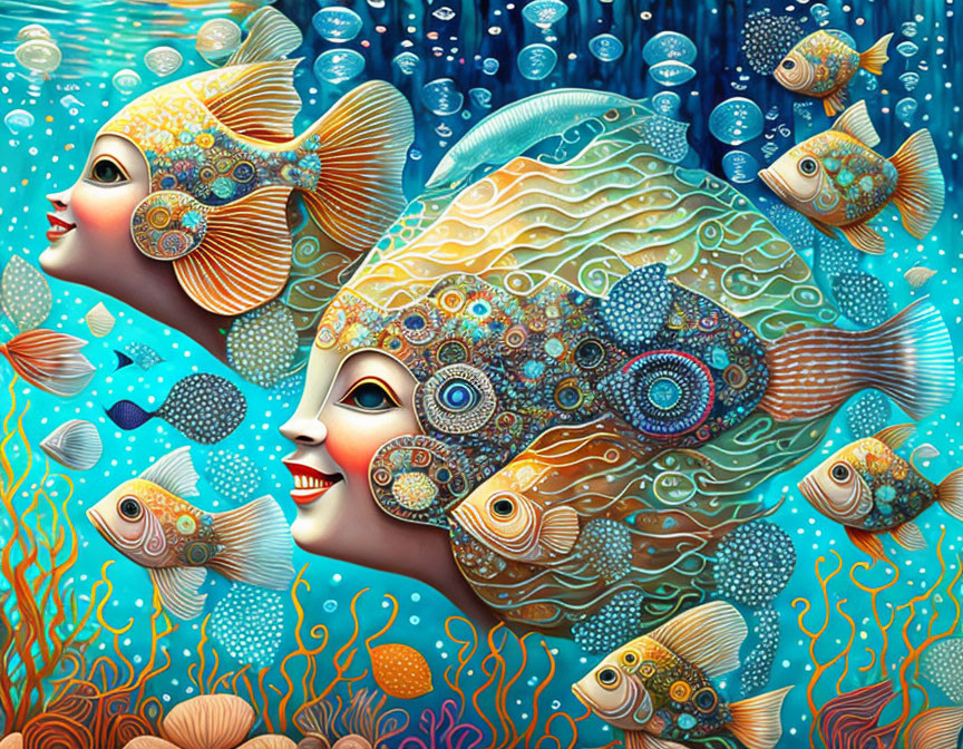 Vibrant fish with human-like faces in underwater seascape