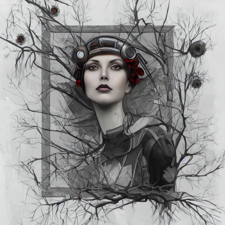 Monochrome steampunk woman portrait with red accents and abstract border.