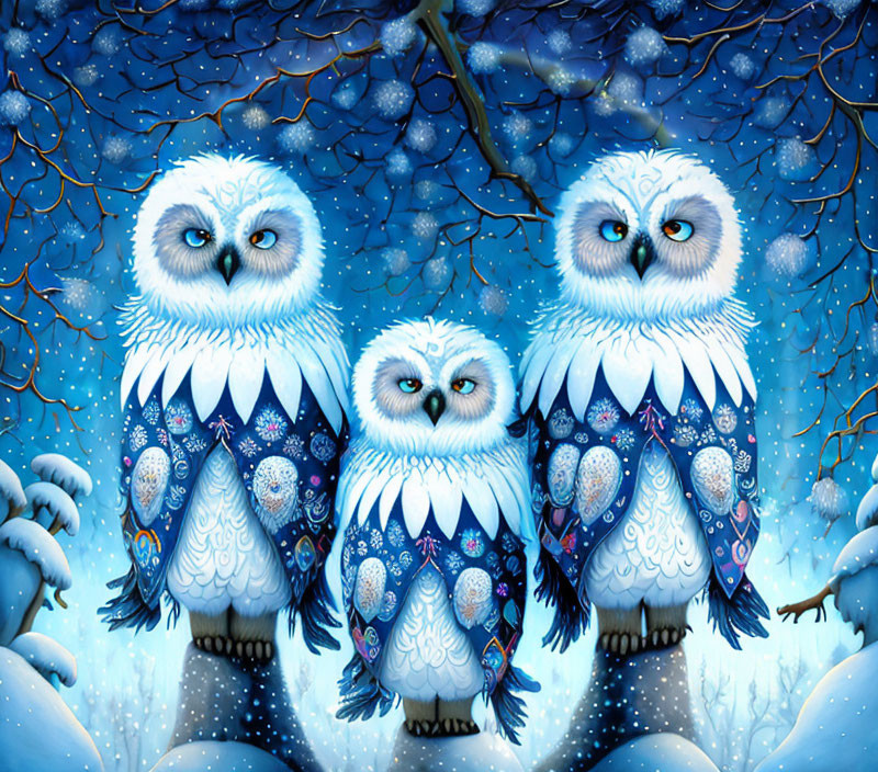 Stylized owls with intricate patterns in snowy landscape