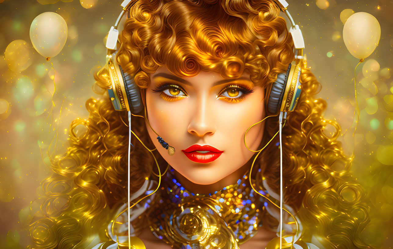 Curly-haired woman in headphones with vibrant makeup and jewelry on golden background.