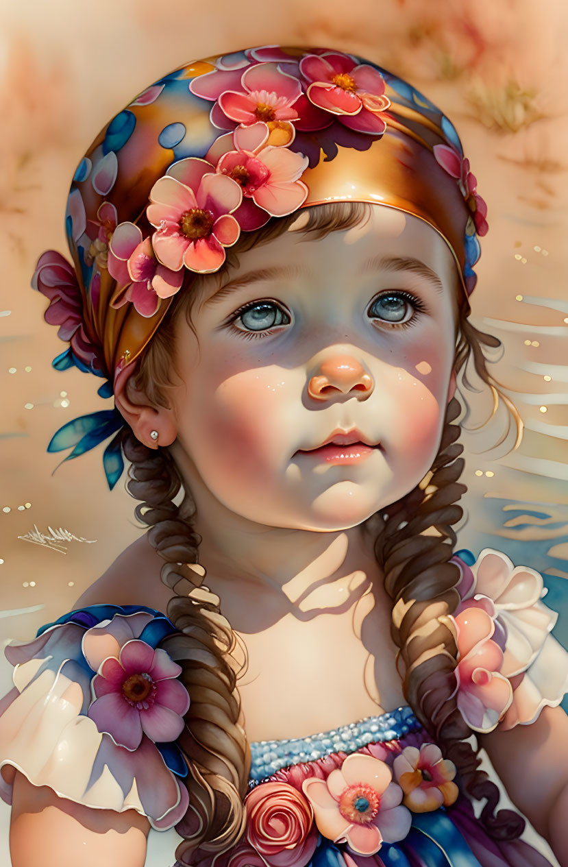 Young girl with blue eyes and braided hair in floral headband - warm hues and sparkles.