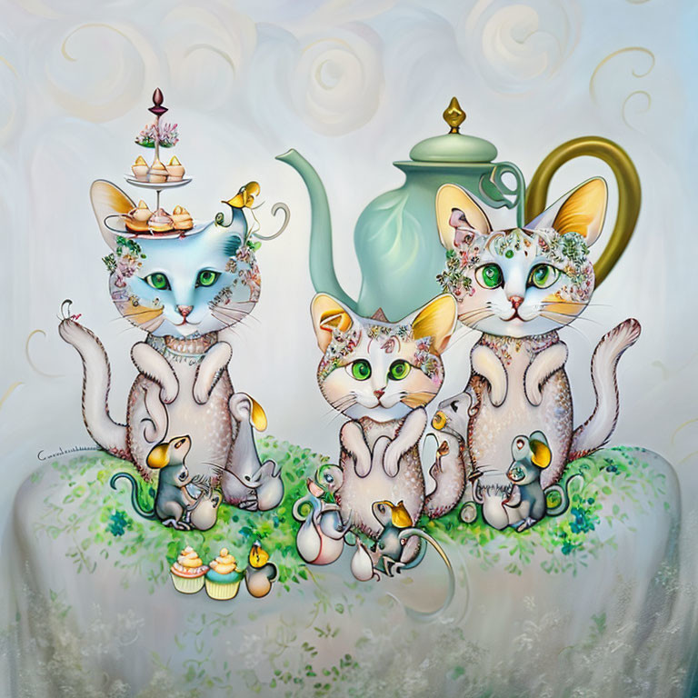 Whimsical cat illustration with floral patterns at a tea party