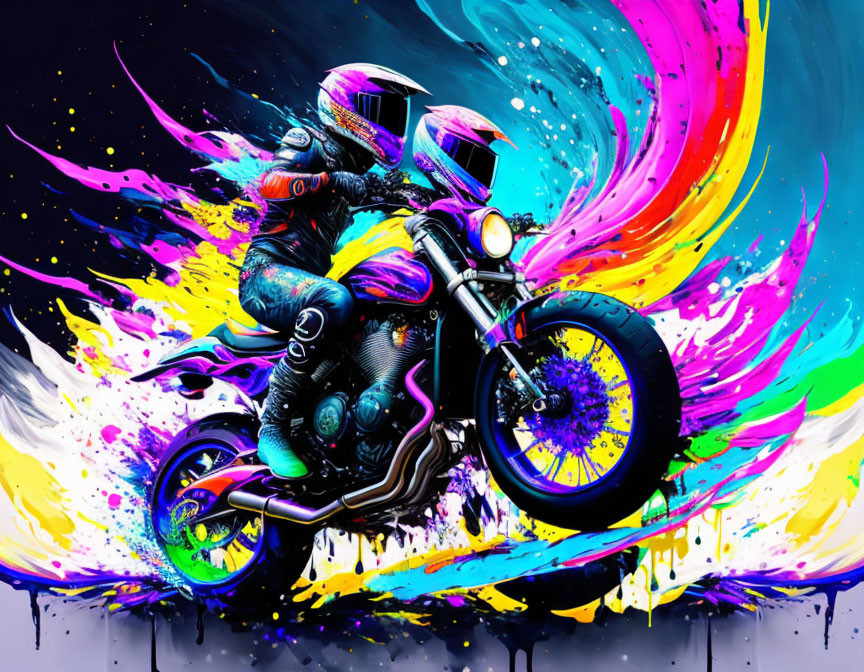 Colorful Motorcycle Riders Artwork on Dark Background