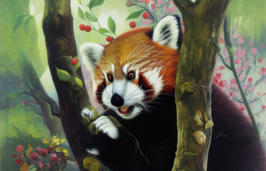 Colorful Painting of Red Panda in Forest Setting