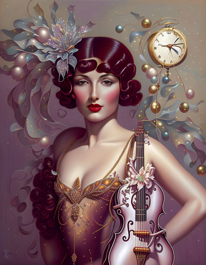 Vintage-style surreal art: Woman with violin body, clock, and floral motifs