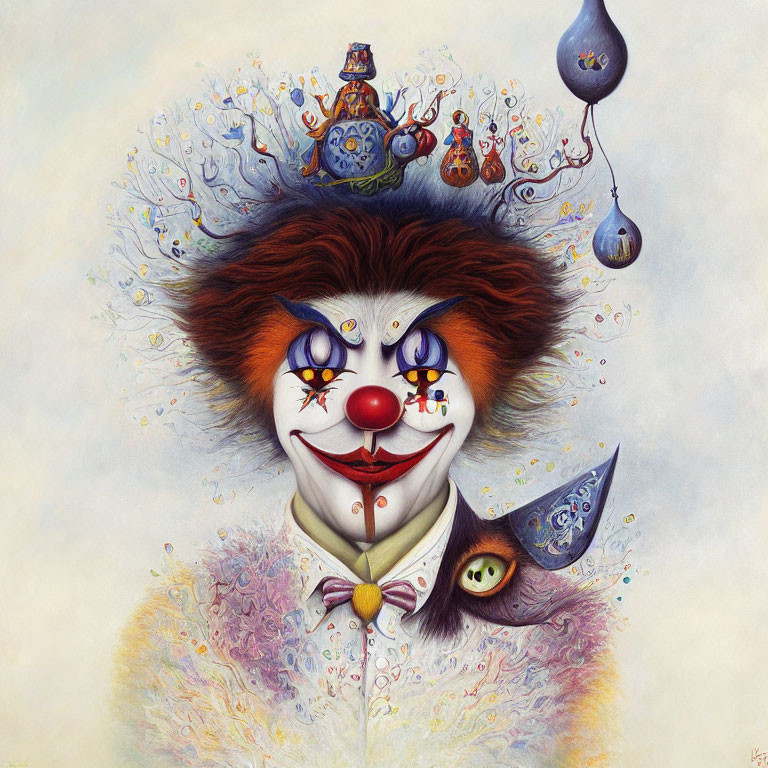 Colorful surreal clown with ornate hat and ruffled collar