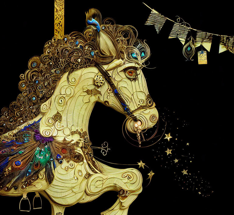 Intricate golden carousel horse with swirling patterns on dark background