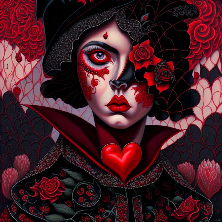 Stylized portrait featuring figure with painted face, red roses, and heart design