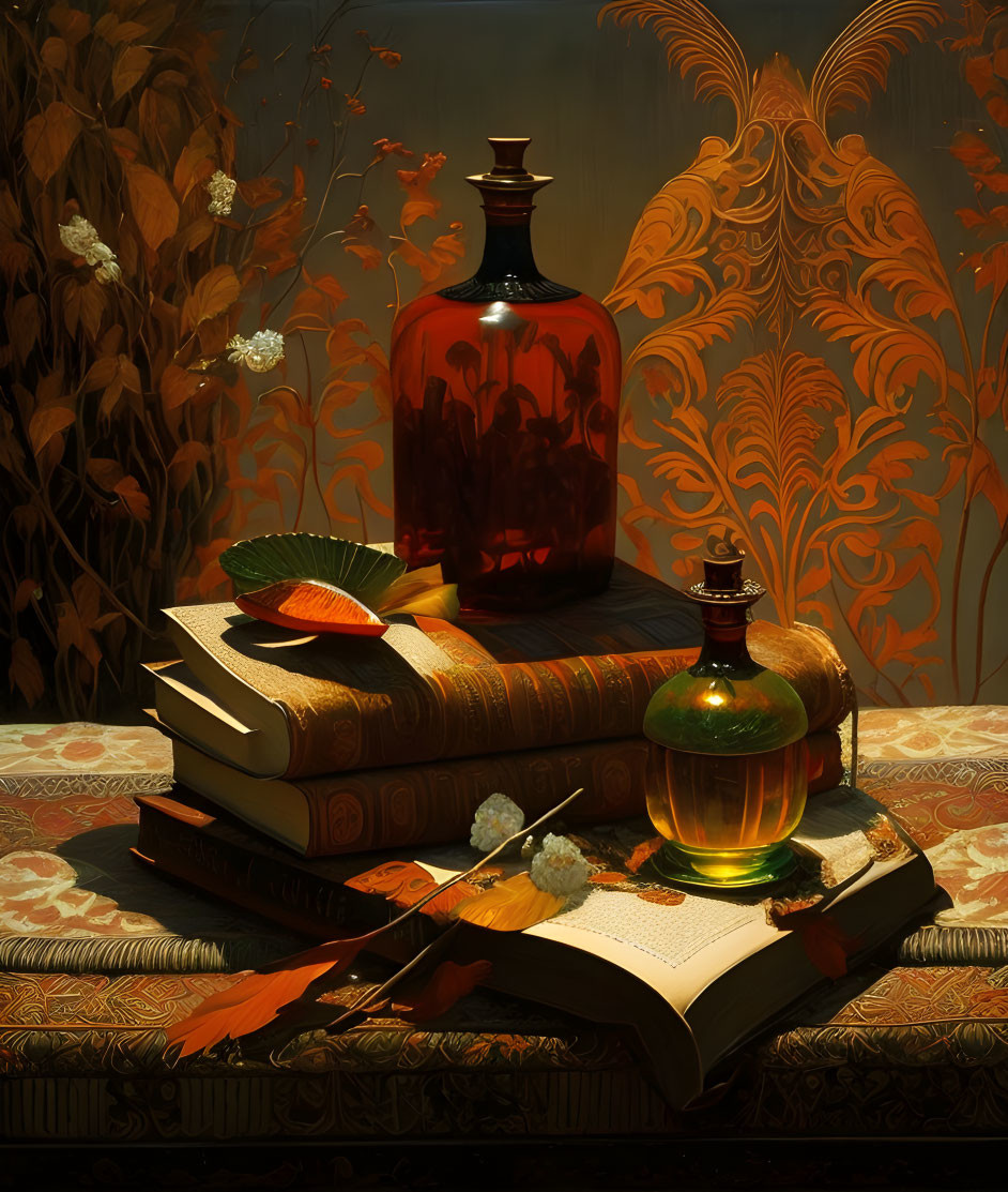 Mythological painting, still life in autumn colors
