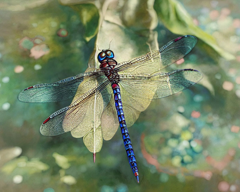 Colorful Dragonfly with Intricate Wing Patterns on Plant against Bokeh Background