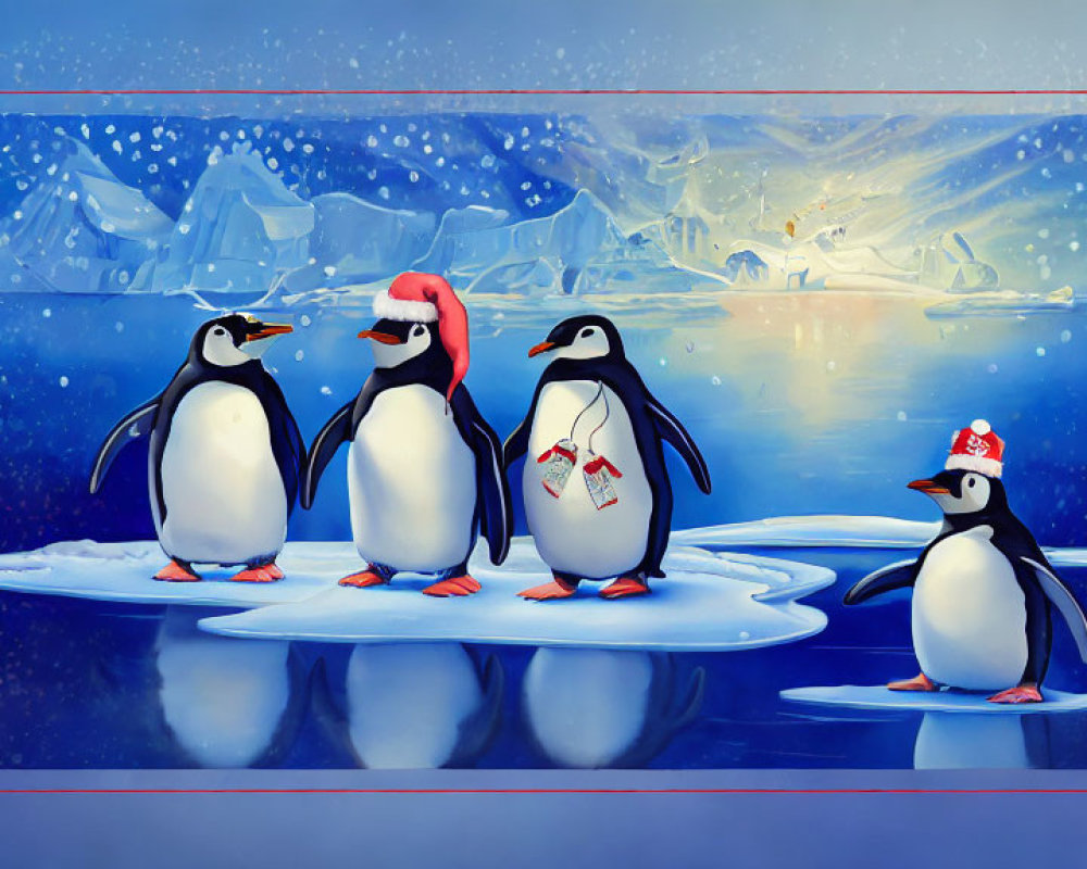 Illustrated penguins in Santa hat and holding candy cane on snowy ice