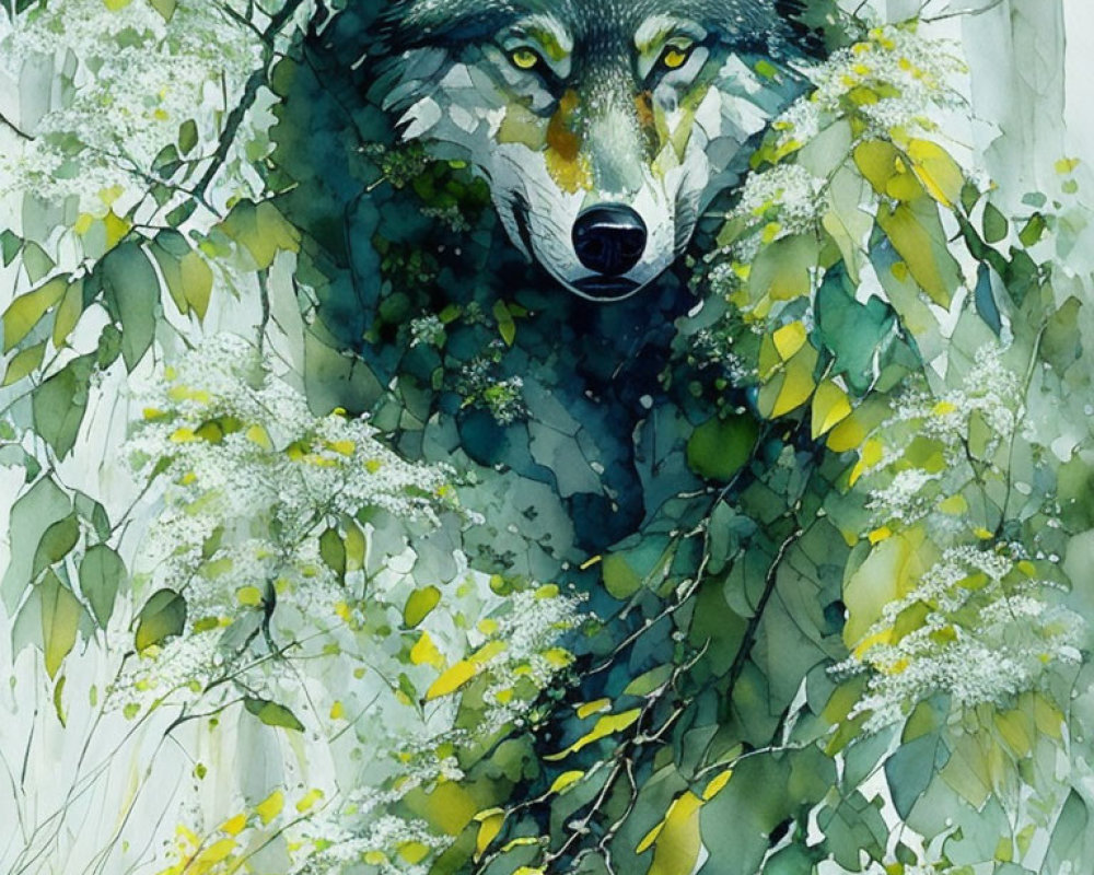 Vivid watercolor painting of a wolf in nature scene