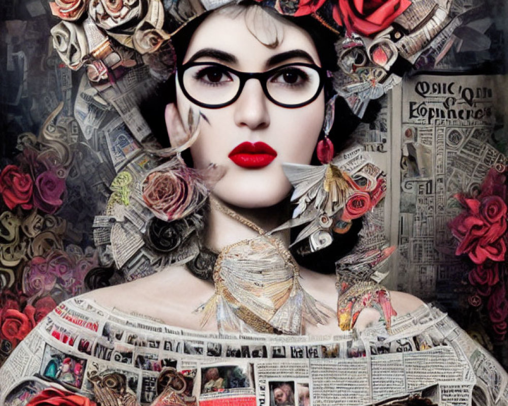 Woman in bold lipstick and glasses with newspaper clothing and floral headdress.