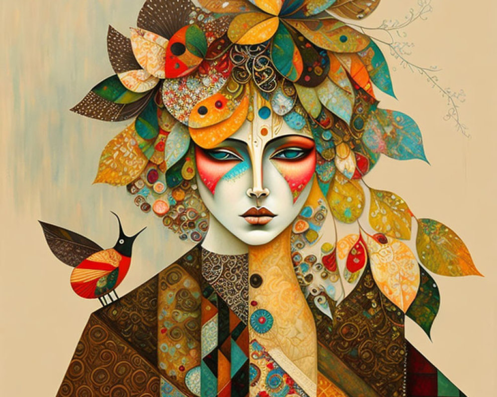 Vibrant stylized figure with ornate headpiece and bird against muted background