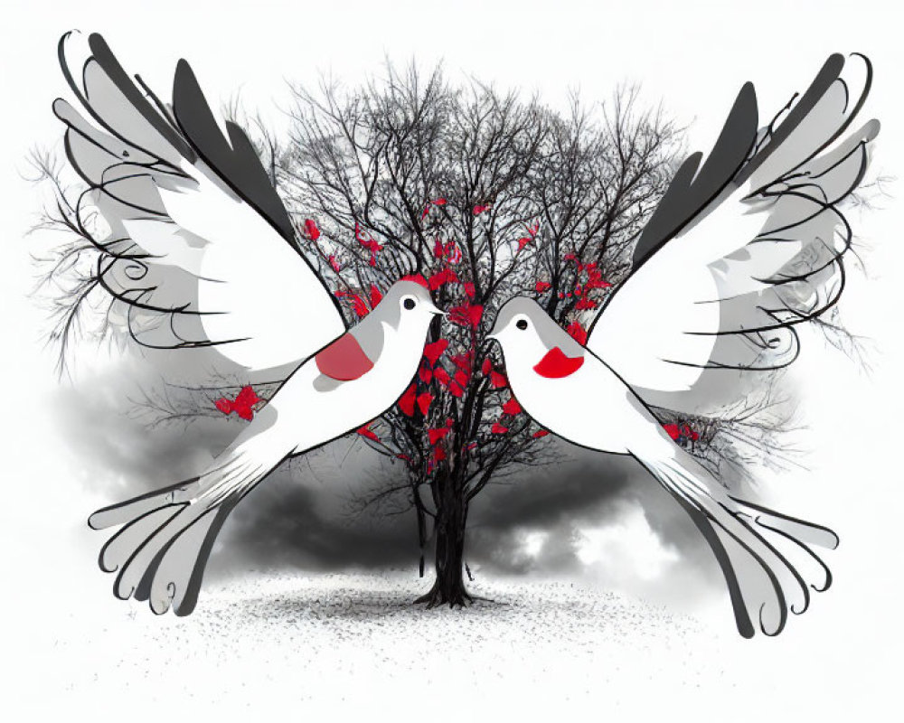 Illustrated doves with red hearts and branches on monochromatic tree with red leaves