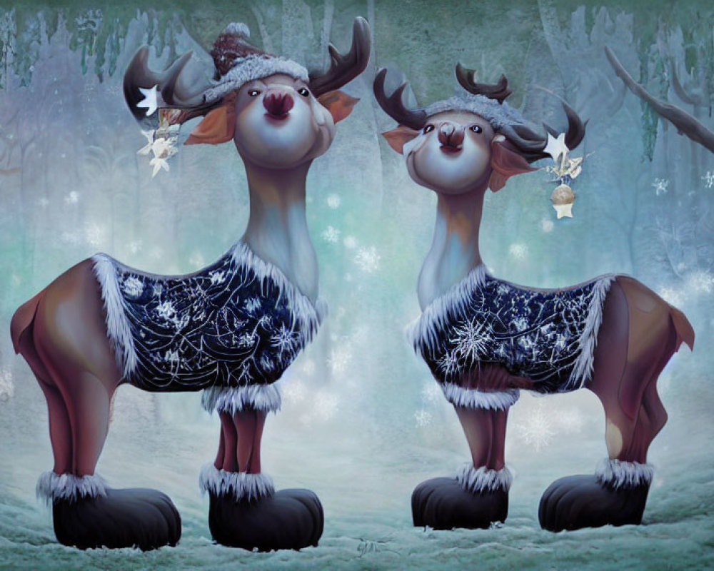 Cartoon reindeer with festive hats in snowy forest