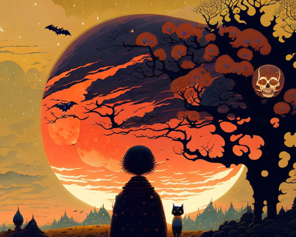 Person and cat view surreal sunset with giant skull, bats, trees, and castle.