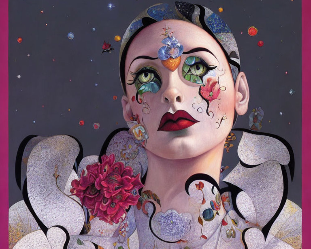 Colorful surreal portrait with cosmic and floral elements