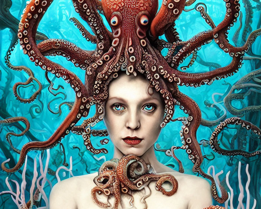 Surreal portrait: person with octopus tentacles, vibrant blue underwater backdrop