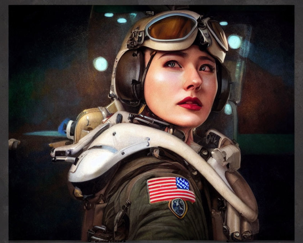 Portrait of Woman in Pilot Helmet and Suit with American Flag Patch