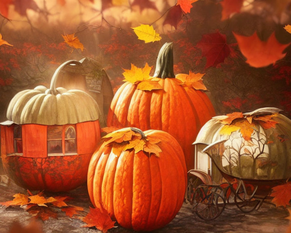 Whimsical Pumpkin Houses in Autumnal Scene