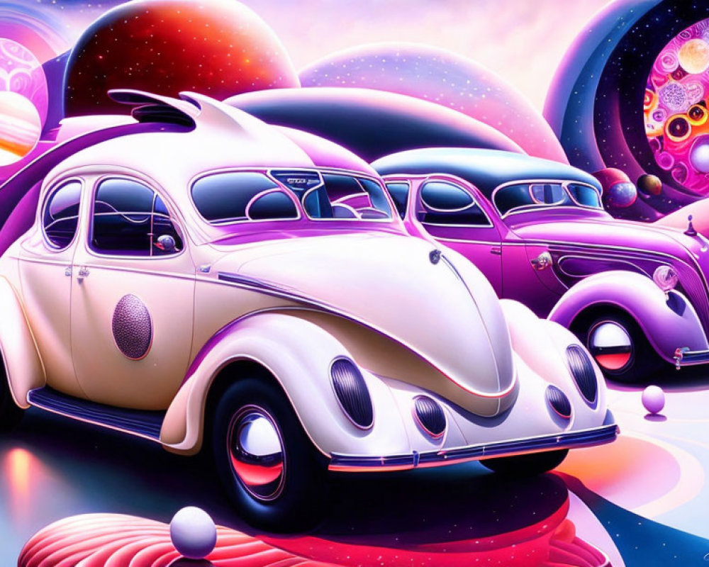 Colorful Volkswagen Beetles in Psychedelic Space Theme