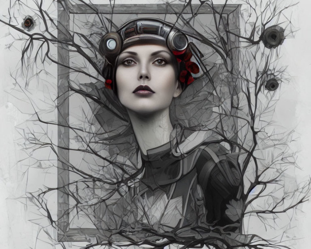 Monochrome steampunk woman portrait with red accents and abstract border.