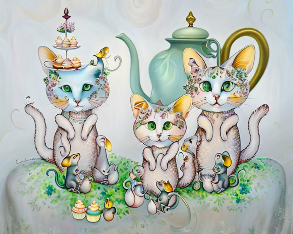 Whimsical cat illustration with floral patterns at a tea party