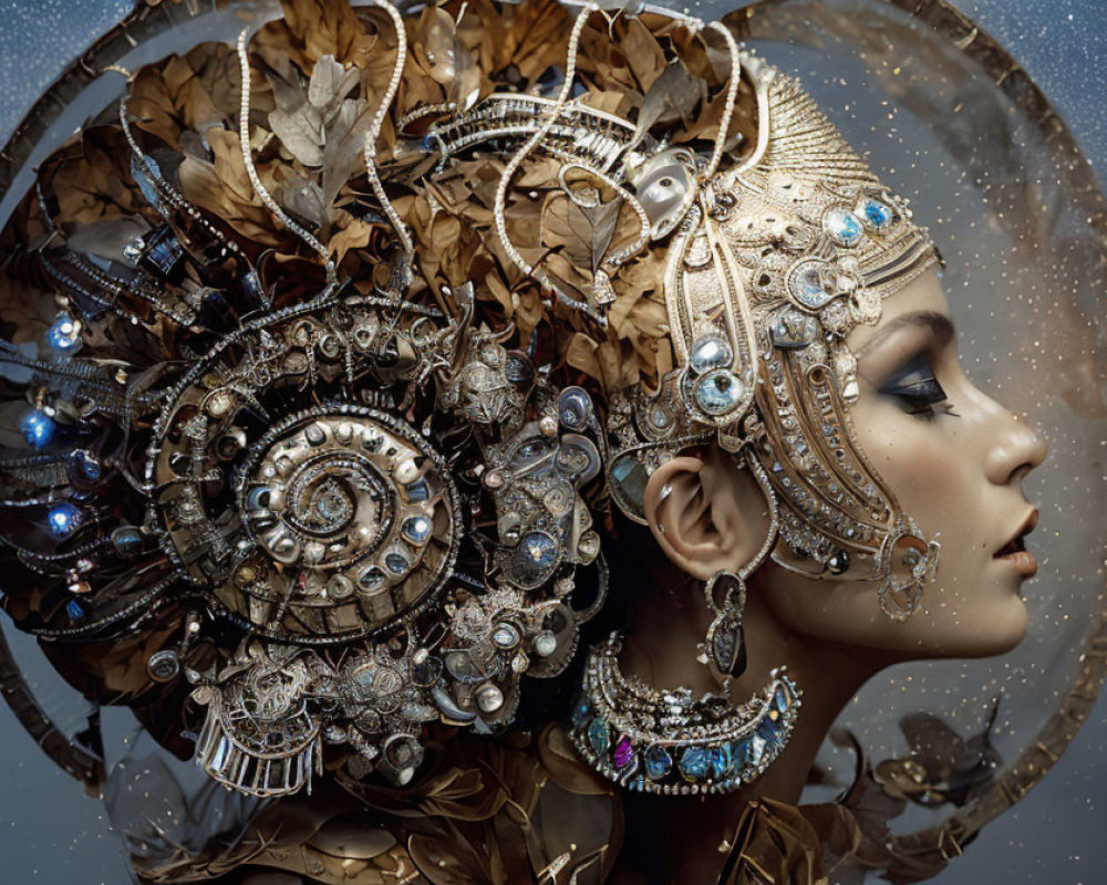 Profile portrait with elaborate metallic headgear and decorative elements on speckled backdrop