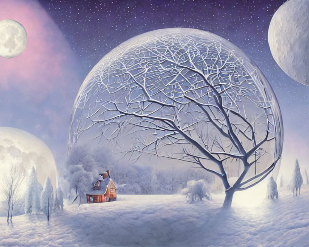 Spherical tree in dreamy winter landscape with cozy house and multiple moons