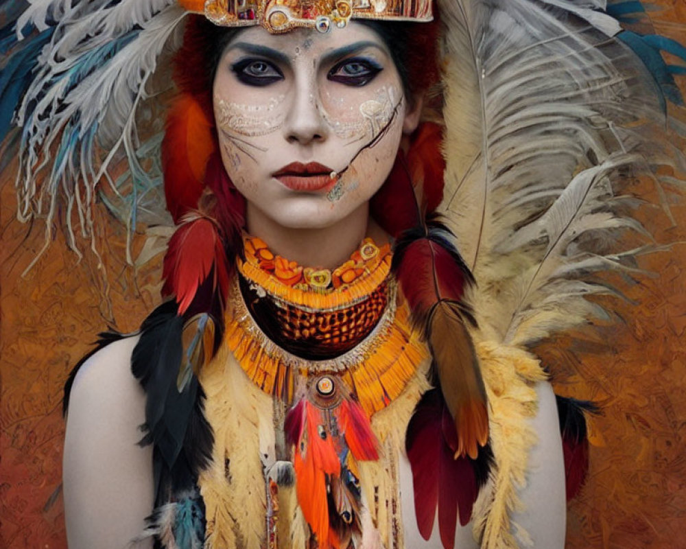 Detailed Tribal Makeup and Headdress with Feathers, Beads, and Vibrant Colors