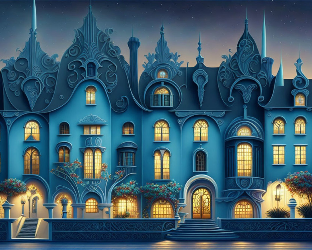 Fantastical blue castle illustration with glowing windows at night