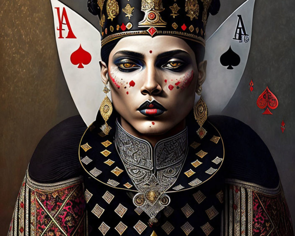 Artistic makeup resembling Queen of Spades with crown, patterned garment, and playing card accessories