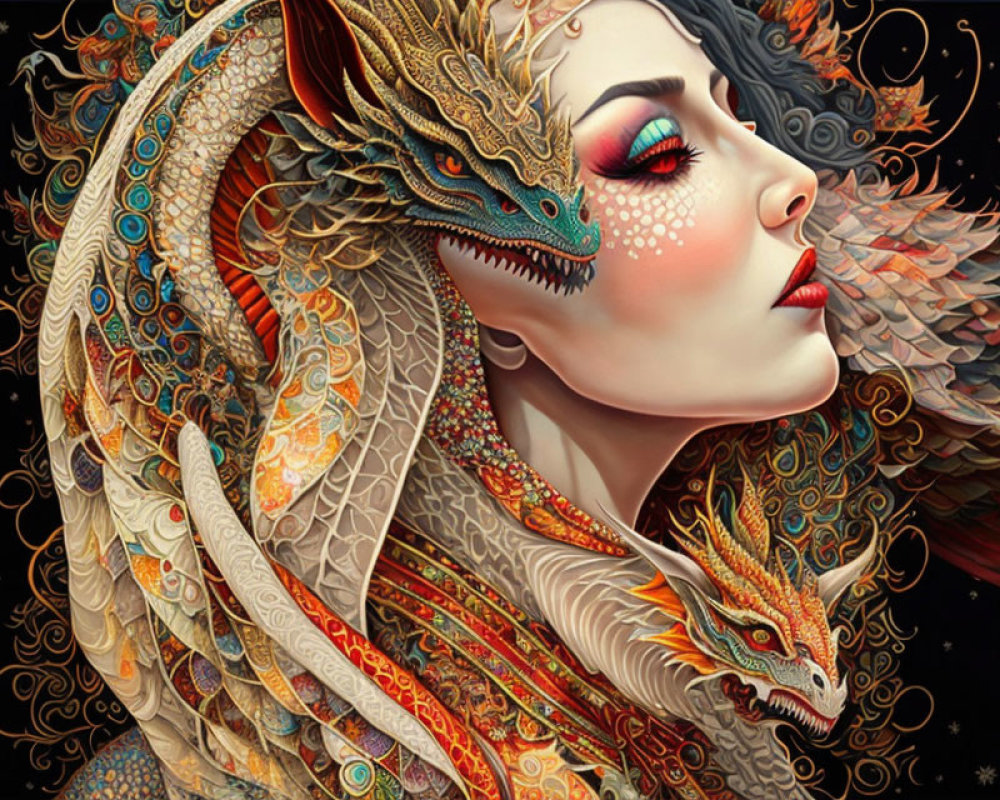 Intricate makeup woman with ornate dragons in fantasy setting