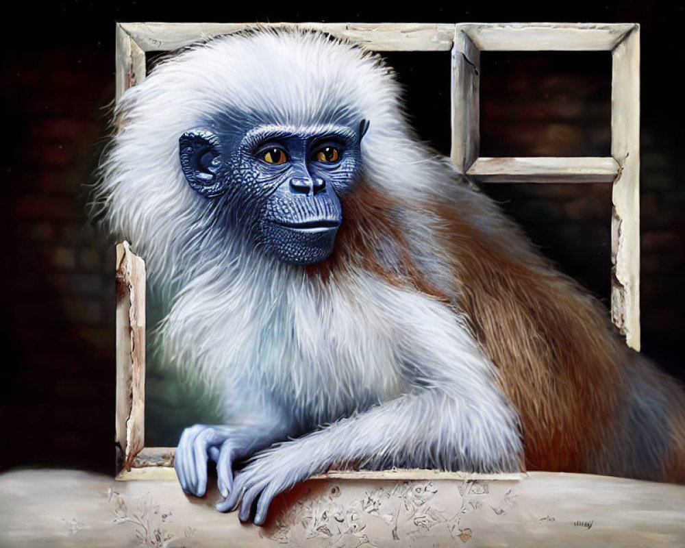 Primate with Blue Face and White Fur Peeking Through Window Frame