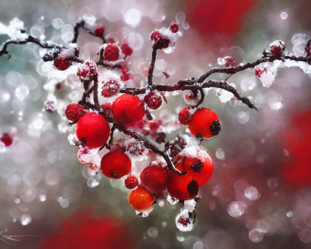 Frost-covered branch with red berries, snowflakes, bokeh background