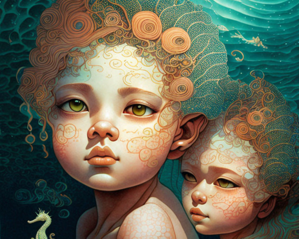 Stylized pale children with vine patterns and roses in hair in aquatic scene
