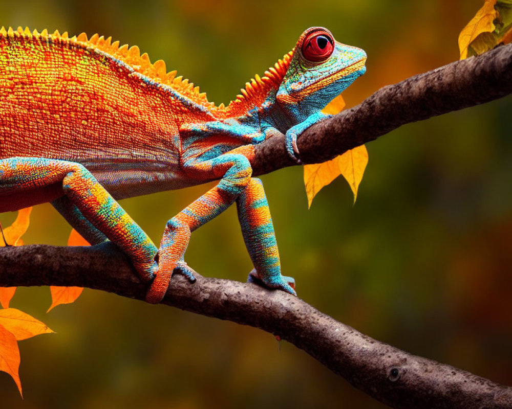 Colorful Chameleon on Branch with Autumn Leaves in Background