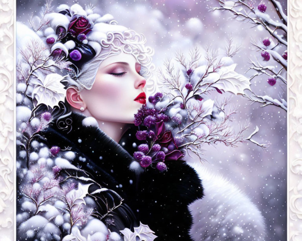 Illustration of pale-skinned woman with dark lips, adorned with purple flowers and berries, in black