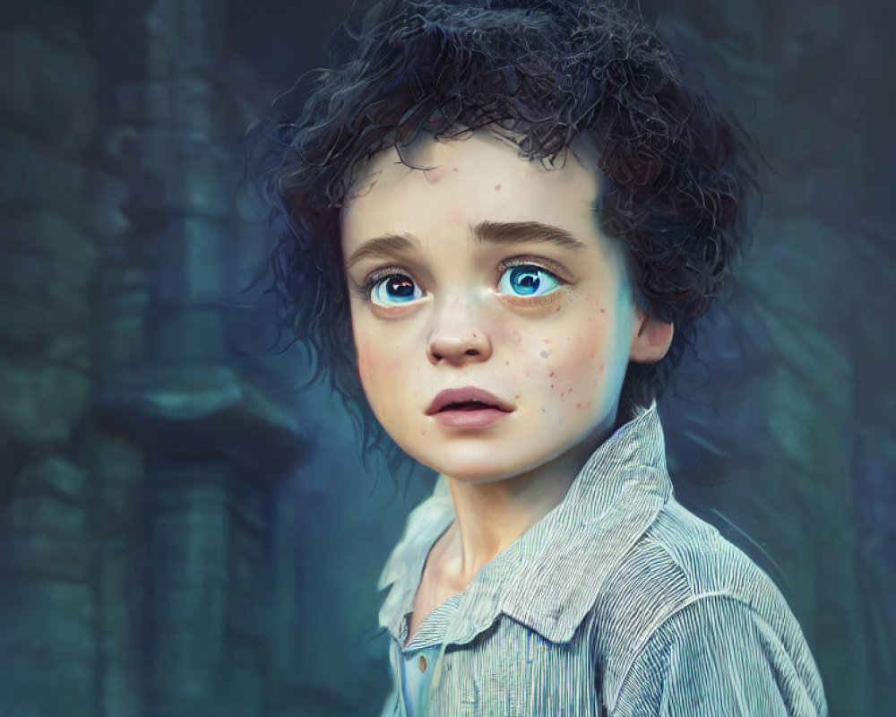 Young Child Digital Portrait with Blue Eyes and Curly Hair
