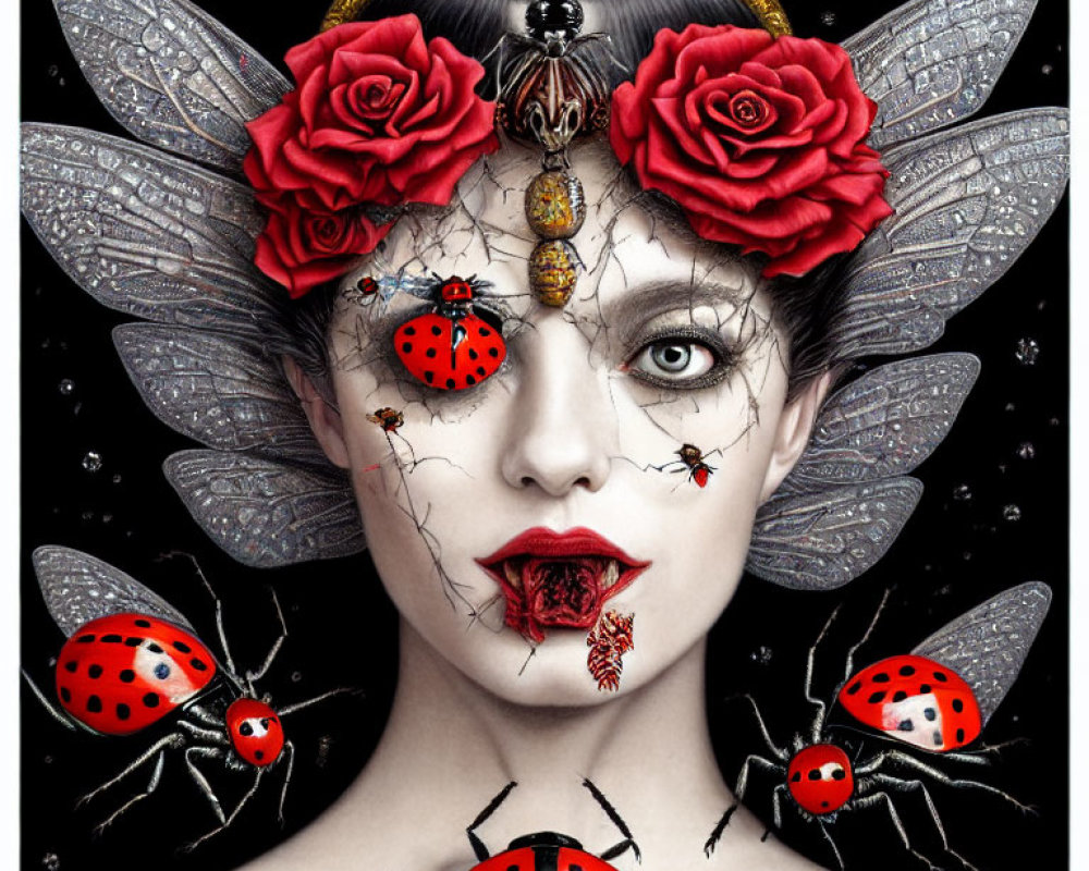 Surreal portrait of woman with red roses, ladybugs, dragonfly wings, and skull makeup